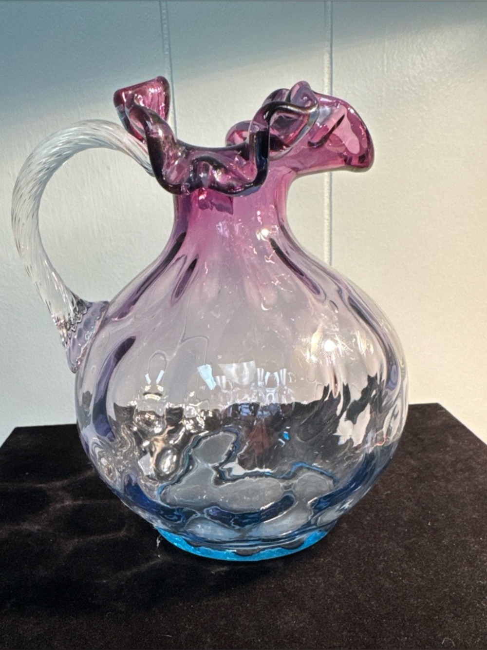 Vintage Fenton Art Glass Mulberry 6.5" pitcher, bulbous shape and a ruffled rim